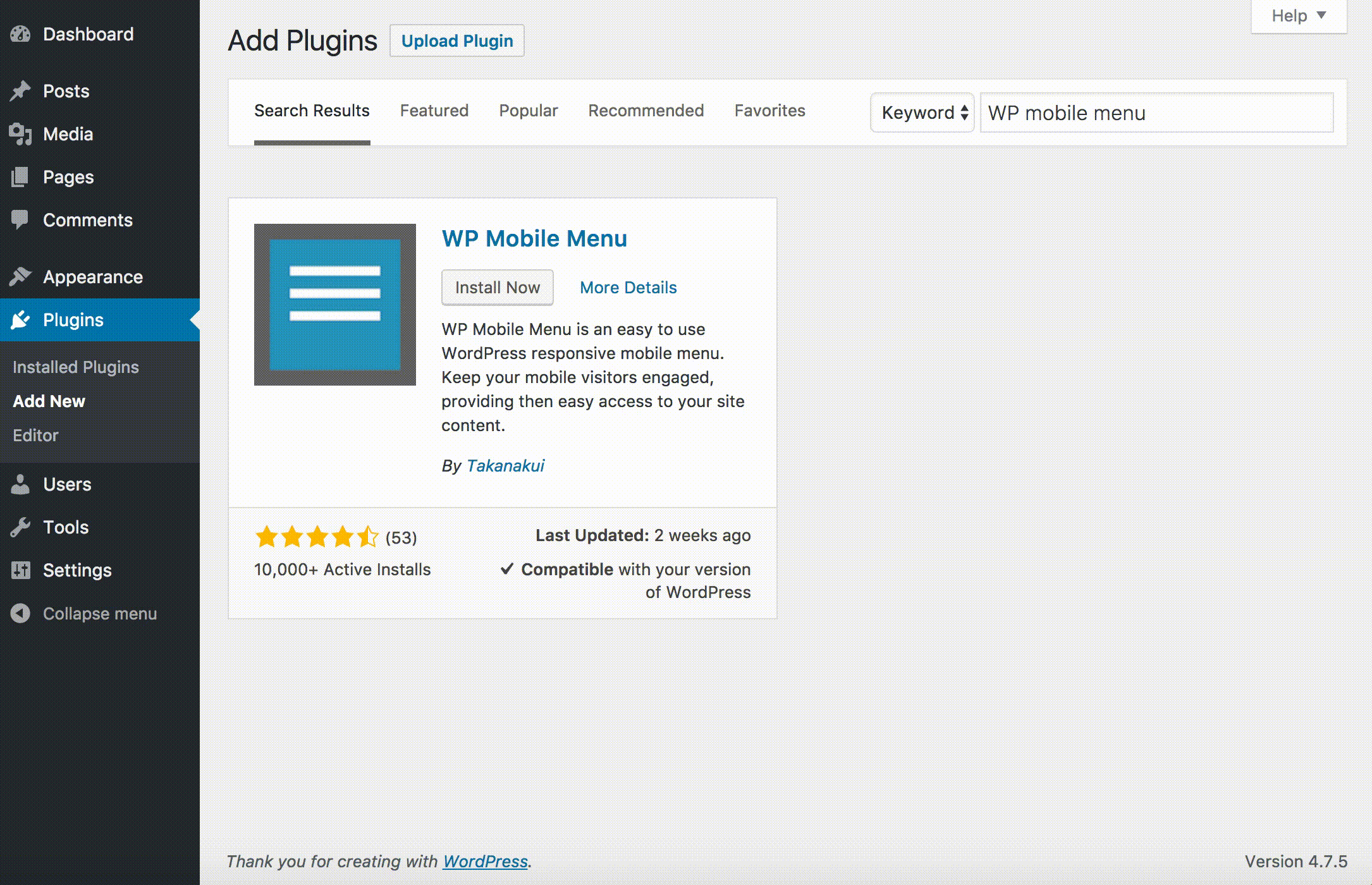 Instalação do Menu Image no painel do WordPress