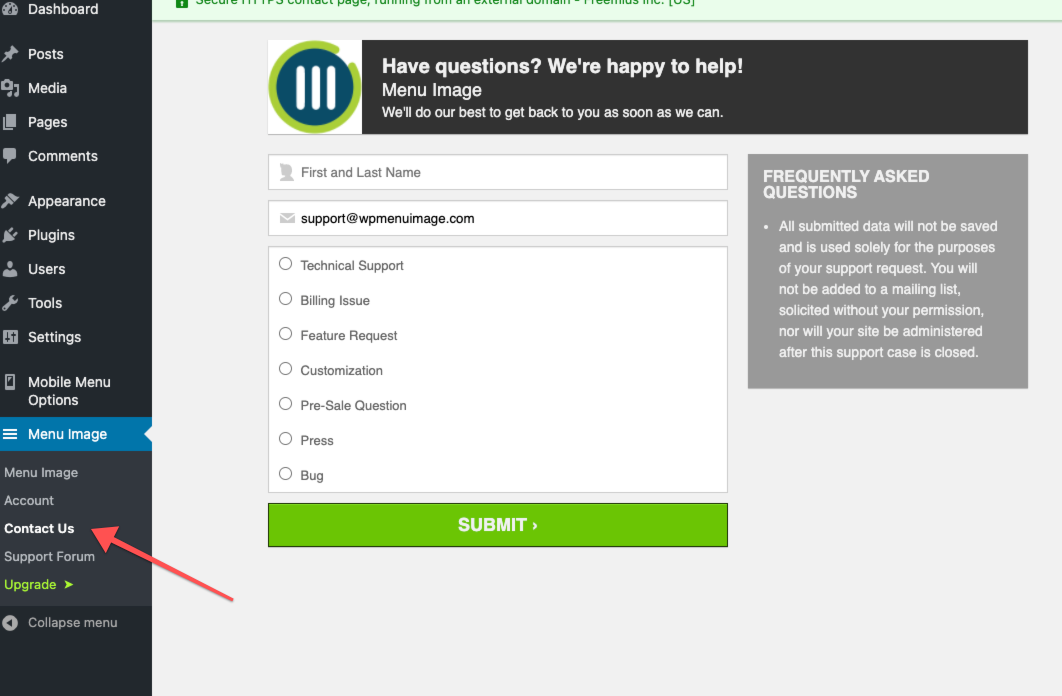 Formulário de contacto nas opções do Menu Image