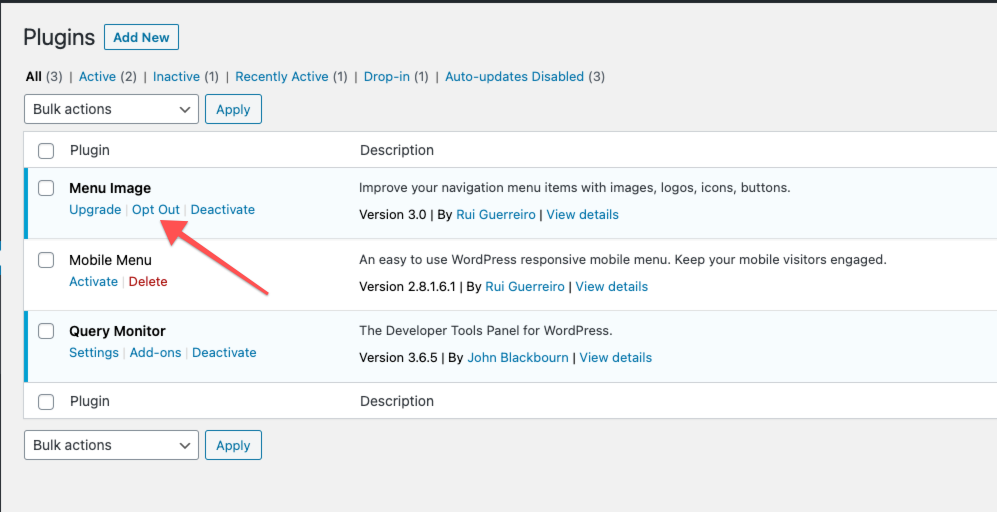 Link Opt Out na lista de plugins
