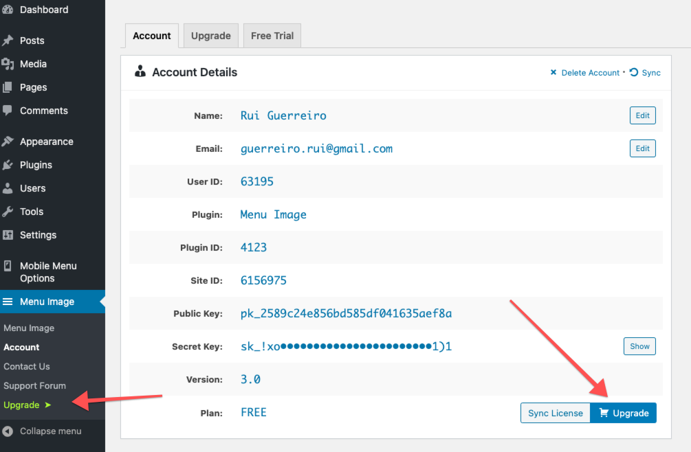 Página de upgrade do Menu Image no WordPress