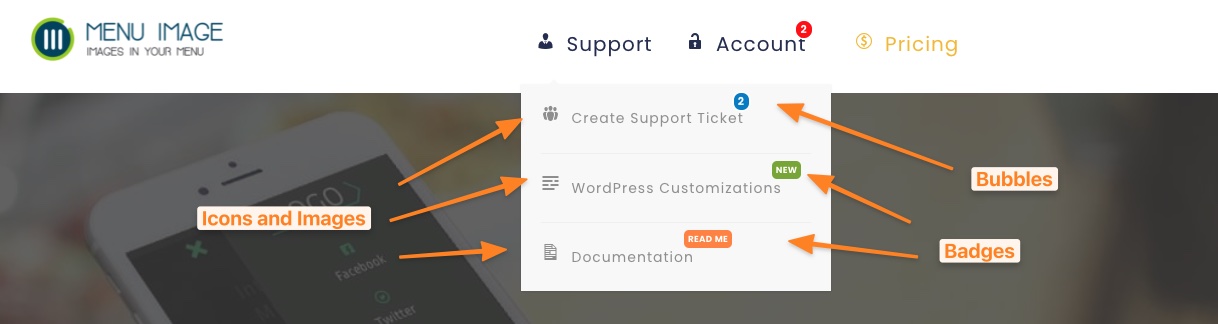 Exemplo de menu com ícones, imagens, bolhas e badges criados com o Menu Image